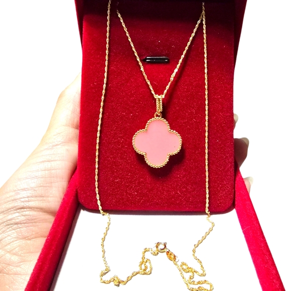 18k Real Gold and Pink Clover Pendant Necklace 18" Rope Chain